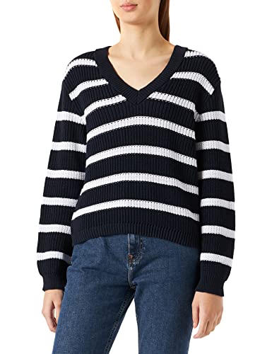 PIECES Damski sweter PCOLIVIANA LS z dekoltem w serek, Sky Captain/Stripes: Cloud Dancer, M