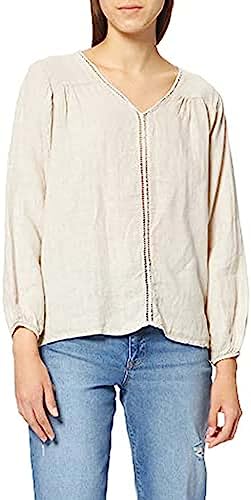 Bonateks, Top z dekoltem w serek, wstawka koronkowa i rękawy do połowy, 100% len, rozmiar DE:34, rozmiar US:S, topy, pustynia - wyprodukowano we Włoszech, beżowy, 34