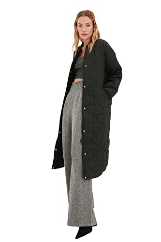 Trendyol Damska kurtka zimowa z okrągłym dekoltem, geometryczny wzór, oversize, czarny, XS, Czarny