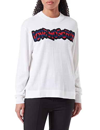 Love Moschino Damski sweter o regularnym kroju z długim rękawem z prążkowanym logo, optical white, 38