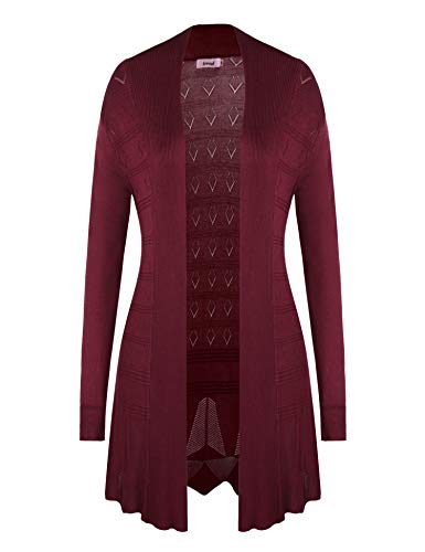 Irevial Letni kardigan damski, długi, cienki sweter z lekką przezroczystością, z długim rękawem, czerwone wino, S