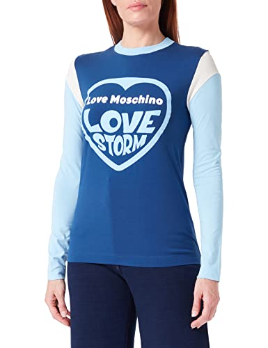 Love Moschino Damska koszulka Color Block Long Sleeved with Love Storm Heart Water Print T-Shirt, Blu Beige Sky, 42