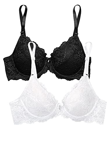 Smart & Sexy Damski biustonosz push-up z koronką, 2-pak, czarny odcień/biały, 34C (opakowanie 2 szt.), Czarny odcień/biały, 75C