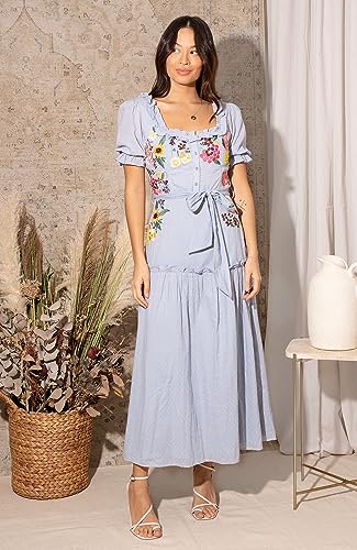 Hope & Ivy Tamara Haftowana sukienka maxi z bufiastymi rękawami i kwadratowym dekoltem, z wiązaniem w talii, niebieska, UK10, NIEBIESKI, 36