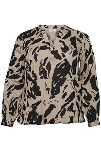 Kaffe Curve Plus Size Damska bluzka z długim rękawem, luźna dopasowana, nadruk z dekoltem w serek, Czarny/Feather Gray Lew