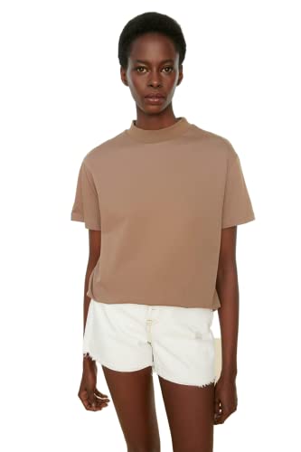 Trendyol Damska koszulka Basic Regular Basic Stojący Kołnierz Dzianinowy, BEŻOWY, XS