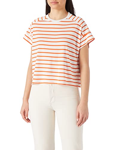 Koton Damski t-shirt z okrągłym dekoltem i krótkim rękawem w paski, Pomarańczowy pasek (15j), XL