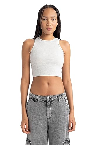 DeFacto Damski top typu crop top, sportowy top damski, modny top damski, sportowy styl, wszechstronne łączenie, szary melanż, XS