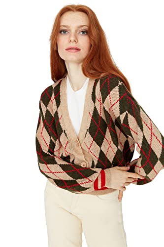 Trendyol Damski sweter kardigan z dekoltem w szpic, z diamentowym wzorem, wielbłądzi, S, Wielbłądzi, S