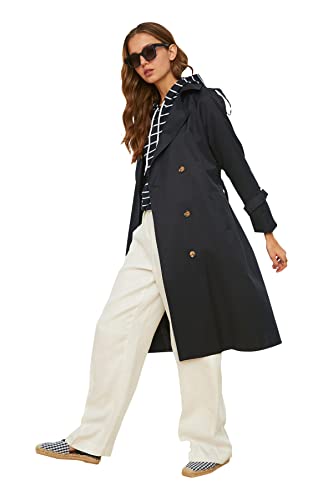 Trendyol Granatowy Niebieski Arched Button Closure Water Repellent Featured Long Trench Płaszcz Wodoodporny Kobiety, Navy, 36