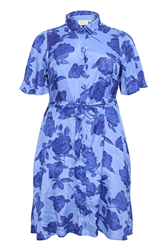 KAFFE CURVE Damska koszulka plus size kieszenie pas spodenki rękaw sukienka, niebieski nadruk kwiatowy, 48/Grande, Blue Flower Print, 50