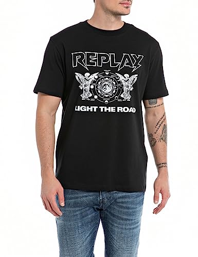 Replay Męski T-shirt z krótkim rękawem okrągły dekolt Light the Road, czarny (Black 098), M, Black 098, M