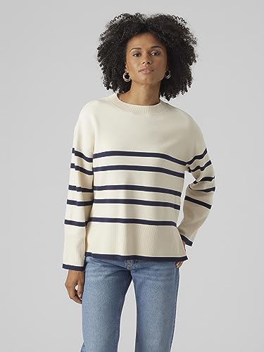 VERO MODA Damski sweter z dzianiny VMSABA LS O-Neck Stripe Sweter GA NOOS, Birch/Stripes: Navy Blazer, XL