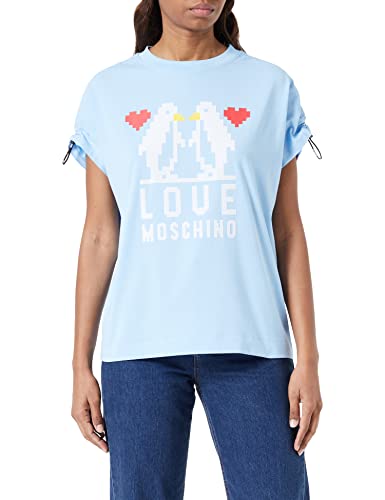 Love Moschino Damska koszulka o regularnym kroju z krótkim rękawem, z podwiniętymi ramionami, z logo, elastyczny sznurek, Jasnoniebieski, 64