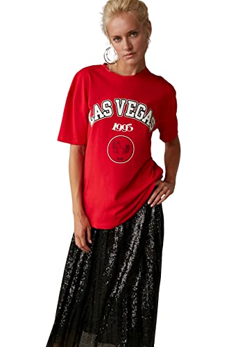 Trendyol Damska koszulka oversize z okrągłym dekoltem, Czerwony, S