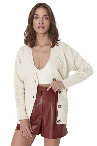 Trendyol Damski standardowy standardowy kardigan z dzianiny z dekoltem w serek, KAMIEŃ, M