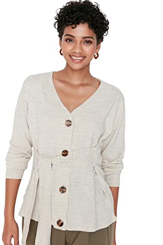 Trendyol Damski standardowy standardowy kardigan z dzianiny z dekoltem w serek, Ecru, S