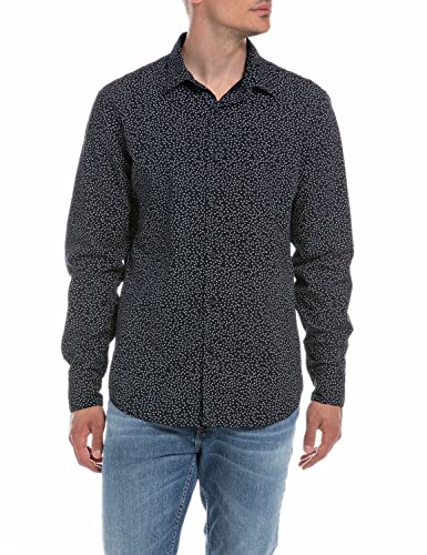 Replay Męska koszula M4049, 010 Black/White MICROFLOWERS, S, 010 czarny/biały mikroflowers, S