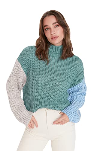 Trendyol Damska bluza z golfem Colorblock z regularnym swetrem, miętowy, M, Miętowy