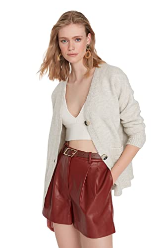 Trendyol Damski regularny kardigan z dzianiny z dekoltem w serek, KAMIEŃ, M