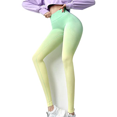 EULLA Damskie sportowe legginsy do jogi, bezszwowe, z wysokim stanem, treningowe, hip-up, fitness, spodnie do biegania, Żółty zielony, L