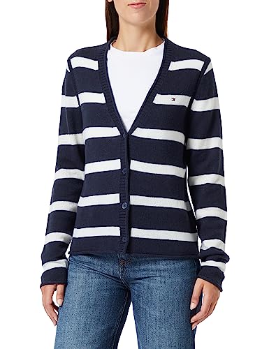 Tommy Hilfiger Damski kardigan z miękkiej wełny V-nk, Breton Stp/Desert Sky/Ecru, XXS