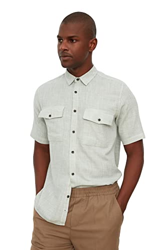 Trendyol Męska koszula z kołnierzem o regularnym kroju marki Men's Khaki z podwójną kieszenią, zwijana koszula lniana, bardzo duża