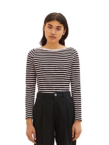 TOM TAILOR Denim Damska koszulka z długim rękawem w paski z bawełny organicznej, 33813 - Rose Black Stripe, L