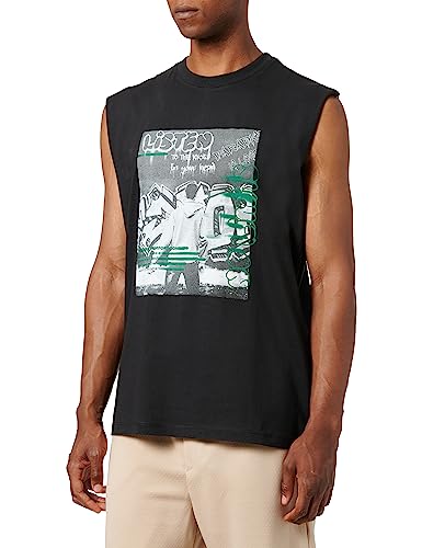 Koton Męski tank top bez rękawów z nadrukiem Crew Neck Cotton, czarny (999), L