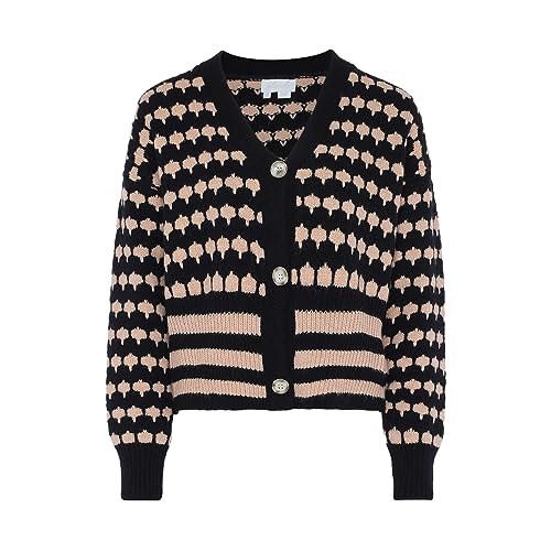 Blonda Damski sweter z dzianiny w stylu vintage z dekoltem w serek i paskami akryl czarny beżowy rozmiar XL/XXL, czarny, beżowy, XL