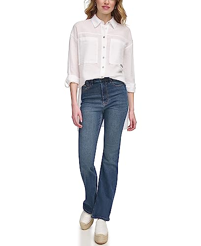 DKNY Women's Long Sleeve Roll Tab High Low Top, White, M, biały, M