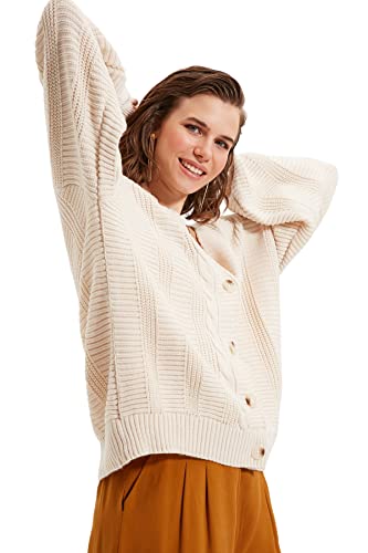 Trendyol Damski regularny kardigan z dzianiny z dekoltem w serek, KAMIEŃ, M