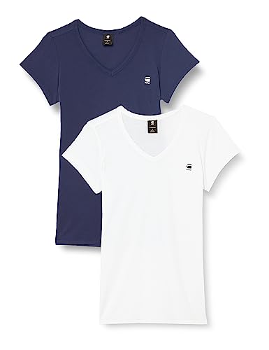G-STAR RAW Eyben Slim V-Neck T-shirt damski, 2-pak, Wielokolorowy (Sartho Blue/White D23830-4107-7435), XXS