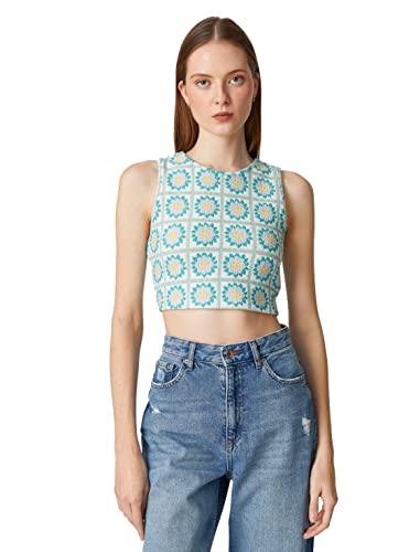 Koton Damski top bez rękawów z okrągłym dekoltem w kwiaty, Green Design (9d8), XL