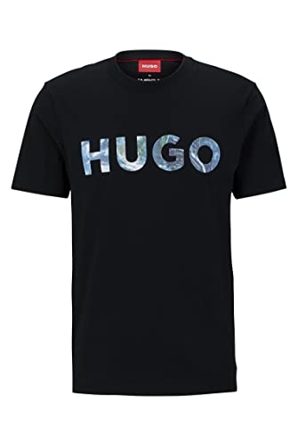 HUGO Męski T-shirt Dhled z bawełny jersey z logo i hasłem, czarny (Black1), M