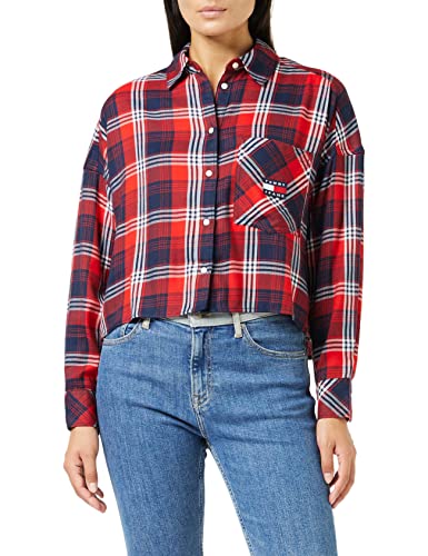 Tommy Hilfiger Damska koszula Tjw kratkę, przycięta koszula tkana topy, granatowa/wielokolorowa, XL, Ciemny granatowy/wiele, XL