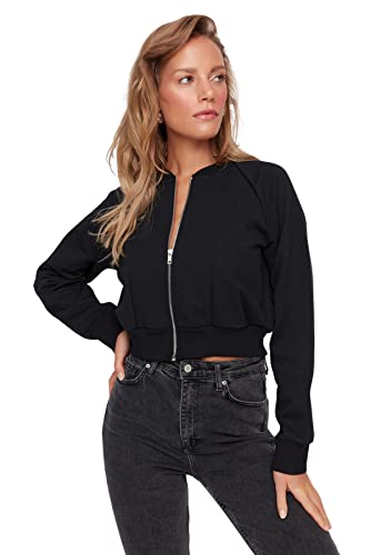 Trendyol Damska bluza z okrągłym dekoltem, jednokolorowa, regularna bluza, Czarny, XS