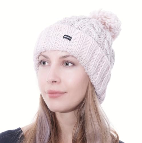 Dzianina kablowa ciepła przytulna pomponowa czapka beanie różowa srebrna cekinowa szczegółowo nowa od CRAGGI