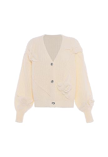 faina Damski sweter z dekoltem w serek, trójwymiarowy szydełkowany kwiat, biały, rozmiar M/L, biały (wollweiss), M