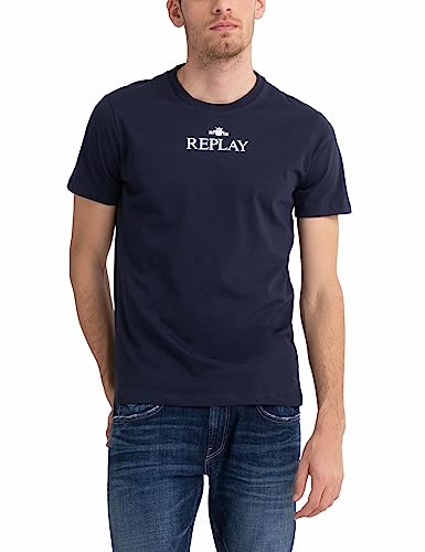 Replay T-shirt męski z krótkim rękawem z nadrukiem logo, 085 niebieski, XL
