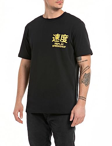 Replay Męski T-shirt z krótkim rękawem, okrągły dekolt, Speedshop, Black 098, S