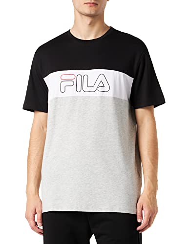 FILA Męski t-shirt Stamford Blocked Logo Black-Light Grey Melange-Bright White, L, Czarno-light Grey Melange-Bright White, L