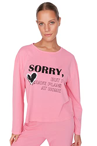 Trendyol Damska koszulka z dzianiny średniej średniej długości — spodnie piżamowe zestaw, różowy, L