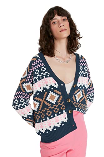 Trendyol Damski regularny kardigan z dzianiny z dekoltem w serek, NIEBIESKI, S