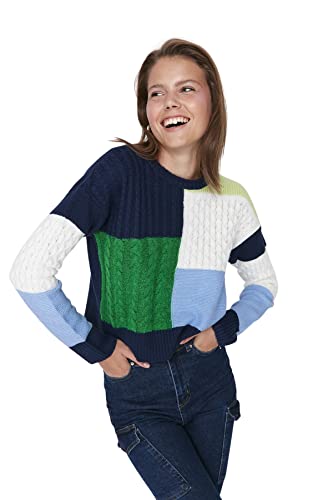 Trendyol Damska bluza z okrągłym dekoltem w bloki kolorów, NIEBIESKI, M