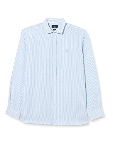 Hackett London Męska koszula bawełniana Linen Bengal, biały/niebieski, 14.5