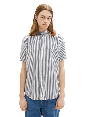 TOM TAILOR Denim Męska koszula z krótkim rękawem z kieszenią na piersi i paskami, 31865 - Navy Wool White Stripe, M