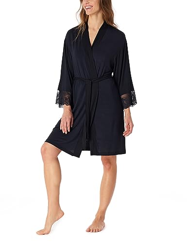 Schiesser Damskie kimono z koronką 90 cm długości Sensual Premium płaszcz kąpielowy, czarny, L, Schwarz, L