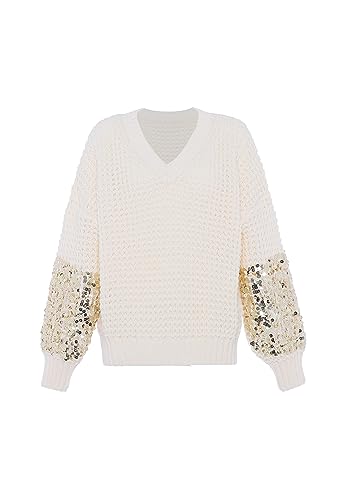 faina Damski sweter z dzianiny z dekoltem w serek i cekinowymi rękawami Wełnowo-biały, rozmiar XL/XXL, biały (wollweiss), XL