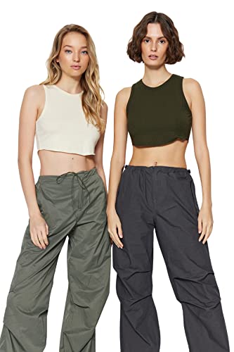 Trendyol Damska koszulka z dzianiny slim fit basic z okrągłym dekoltem, Haki-taş, L